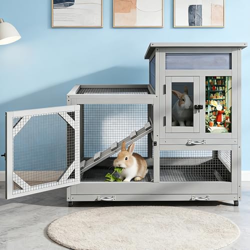 COZIWOW Rabbit Hutch Indoor Outdoor Bunny Cage with Wire Floors, Gray | 2 Wire Floors & Removable Trays, 2-Story Large Wooden Rabbit Cage on Wheels, Chewproof Ramp for Multiple Small Animals