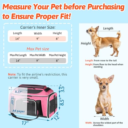 Top-Expandable Small Pet Carrier 17"x12"x8.5" Airline Approved | for JetBlue/Frontier/Spirit Airlines, Lockable Safety Zippers and Anti-Scratch Mesh, Soft-Sided, Pets Under 8 Lbs, Pink - color: Pink, size: 17.0"L x 12.0"W x 8.5"H