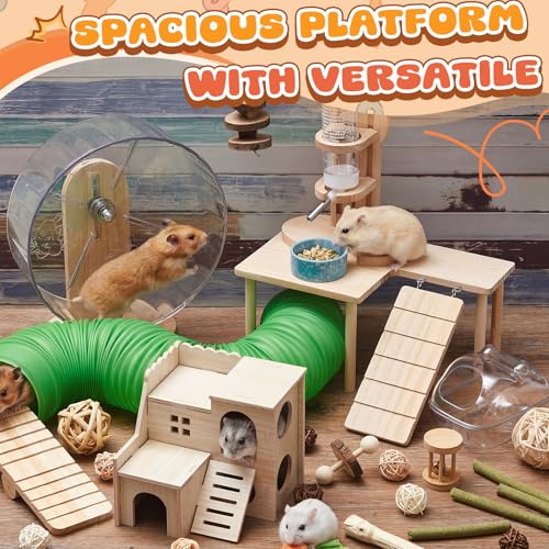 40 Pcs Hamster Cage Accessories, 9.5'' Exercise Wheel, Wood Platform Hideout House, Water Bottle, Sand Bath, Bowl, Chew Toys for Syrian Hamsters Mice Gerbils Habitat Decor(Fun Style) - style: Fun style