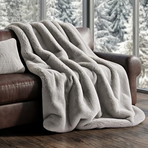 EVERGRACEHOME Faux Chinchilla Fur Throw Blanket, 50"x60", Silver Taupe | Luxury, Super Soft, 1220GSM, Fluffy Cozy Mink, Reversible Velvet Back, Warm Thick Heavy Winter Throw for Couch Bed, Gift - color: Silver Taupe Mink, size: 50"x60"