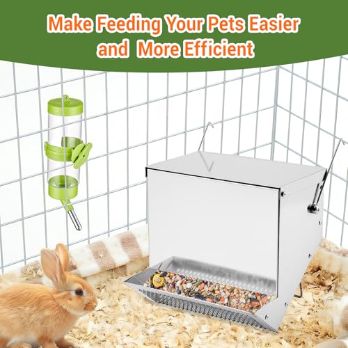Rabbit Feeders for Cages,3.5 Pound Metal Trough Feeder with Water Bottle | Galvanized Steel Outdoor Bunny Food Dispenser Automatic for Rabbits Chicken Guinea Pig Pet and Other Small Animals Silver