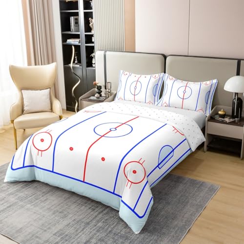 Pure Cotton Teens Hockey Comforter Cover, Kids Boys Ice Hockey Field In Blue Tones And Red Graphic Outline For Sport Events Duvet Cover, Decorative 3 Pieces Bedding Set With 2 Pillowcases, King - color: Multi 07, size: King (No Comforter)