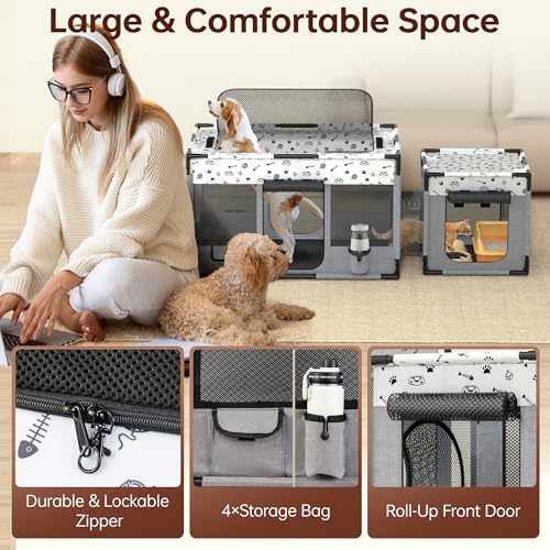 Portable Cat Playpen, Pet Dog Playpen, Kitten Puppy Play Pen for Indoor/Outdoor, Collapsible Cats Cages Enclosed Tent with Carrying Case, PVC Pipe Frame, 600D Oxford, 39" x 24" x 22"