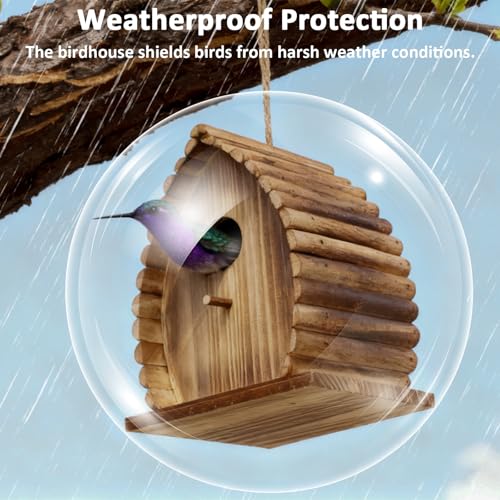 Bird House for Outside Hanging Natural Wooden Birdhouse | 6.3 * 4.7 * 7.4 inch Hanging Bird House for Bluebird Humming Finch Cardinal Wren