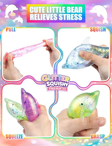 4Pack Dolphin Sugar Stress Balls Cute Glitter Dolphins Fidget Toys for Kids | Soft Sea Animals Sensory Toys for Stress Relief Party Favors Easter Basket Stuffers - style: 4PCS (Dolphin)