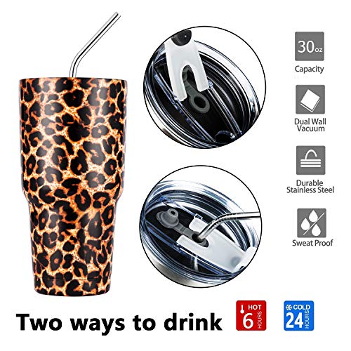 30oz Leopard Tumbler Stainless Steel Insulated Travel Mug with Straw Lid Cleaning Brush (30 oz Leopard), 1 Count (Pack of 1) | Double Wall Vacuum Suit Cold and Hot Drink Fits in standard car cup holders With Splash-Proof Lid - color: Leopard