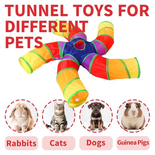 Pet Cat Tunnel, 5 Way Tunnels for Indoor Cats, Collapsible Pet Tunnel for Kitten, Puppy, Rabbit, 25cm-Wide Tunnels, Durable & Breathable, with Peek Hole Toy Ball - color: Angled 5-way Junction Tunnel & Rainbow