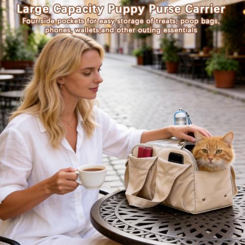 Lightweight Dog Purse Carrier for Small Dogs, Soft-Sided Pet Tote Bag with 4 Large Pockets,Dog Bag Carrier for Travel Outdoor, Smart Zipper Lock, Fits Pets up to 15 lbs, Cat, Dog, Rabbit