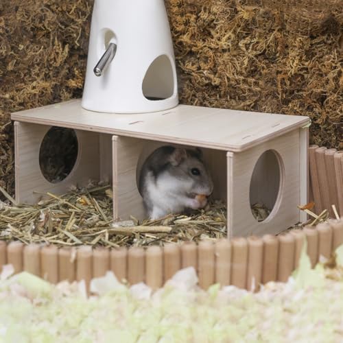 Hamster Peep Tunnel, 2-Chamber Wooden Hamster Hideout, Water-Resistant Platform for Dwarf Hamsters and Small Pets, 8.3" x 4.3" x 3.1" - size: Medium for Dwarf Hamster