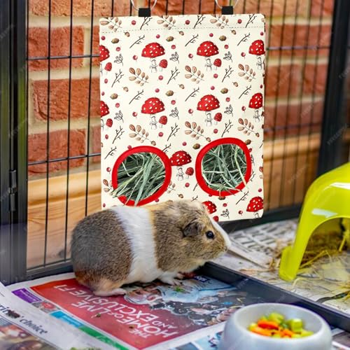 JarThenaAMCS 2 Pcs Rabbit Hay Feeder Bag with 2 Holes Mushroom Guinea Pig Hanging Hay Feeding Bag Red Storage Dispenser for Chinchilla Hamster Bunny Small Animal Pet, 11.5 x 9 Inch