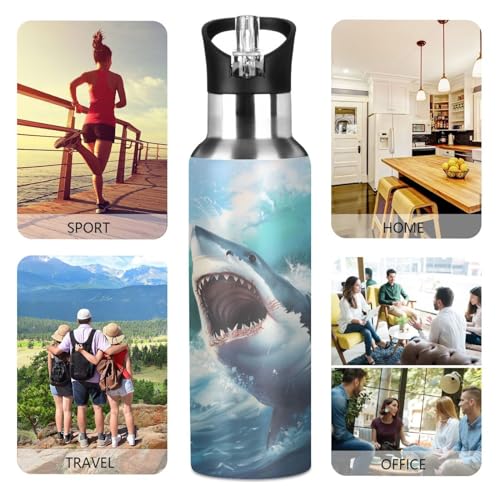 Shark Kids Water Bottles, Ocean Sea Wave Insulated Sports Vacuum Stainless Steel Mug with Straw Lid & Handle 20 oz - color: B10