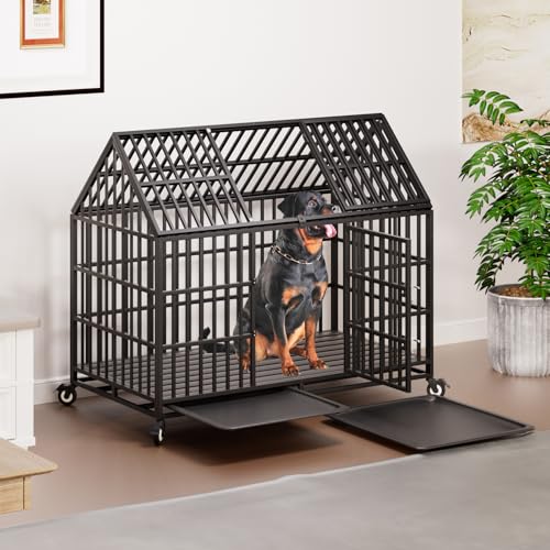 54 inch Heavy Duty Indestructible Dog Crate with 2 Bowls, Steel Double Door Indoor High Anxiety Cage for Large Giant Dogs, Escape-Proof Chew-Proof Pet Kennel with Trays and Wheels, Extra Large XL XXL - size: 53.9"L x 29.7"W x 46.1"H