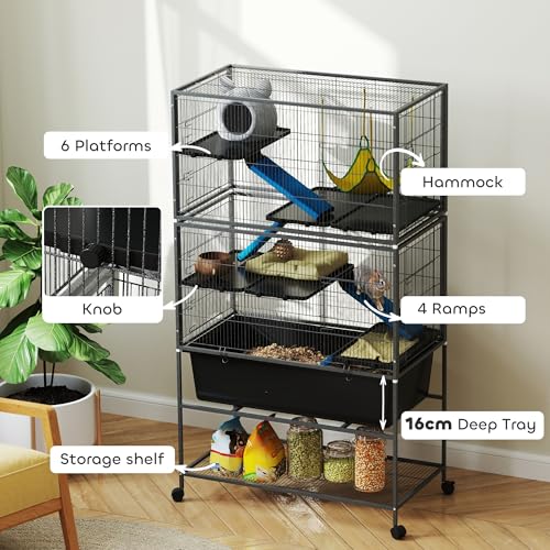 PawHut 59" 5-Level Small Animal Cage, Rolling Ferret Chinchilla Cage with Slide Out 6.3" Deep Tray, Non-Slip Cloth Covered Ramps, Hammock, for Rabbits, Pet Mink, Squirrel, Dark Gray | Ferret Chinchilla Cage, Slide Out 6.3" Deep Tray, Non-Slip Cloth Covere