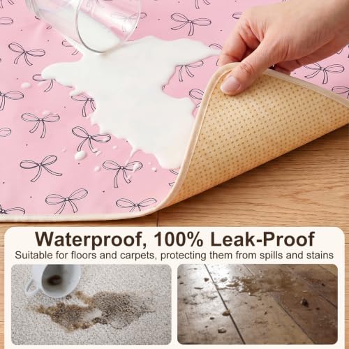Basumee Splat Mat for Under High Chair, Waterproof & Mess-Proof Floor Mat | 46"×42" Baby Splash Mat, Non Slip Bottom, 4-Layer Fabric, Food & Liquid Catcher, Machine Wash for Boy Girl, Meals, BLW, Craft - color: Blush Pink Bows, size: 46x42 Inches