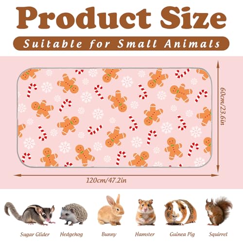 JarThenaAMCS 3 Pcs Christmas Guinea Pig Pee Pads Reusable Bunny Squirrel Mat Pink Candy Cane Gingerbread Man Washable Small Animal Cage Liner for Hamster Chinchilla Ferret Accessory, 24 x 47 in - style: pink gingerbread man