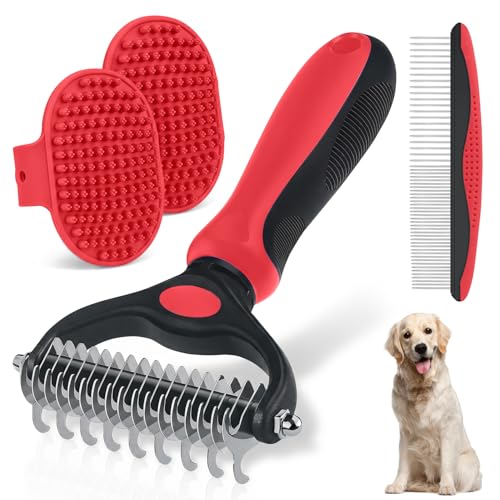Pet Grooming Kit Brush and Metal Comb Combo, Double Sided Dematting Undercoat Rake Deshedding Brush for Long Short Matted Haired Dogs & Indoor Cats, Gift for Pet Lovers (Red Kit 4PCS) - color: Red