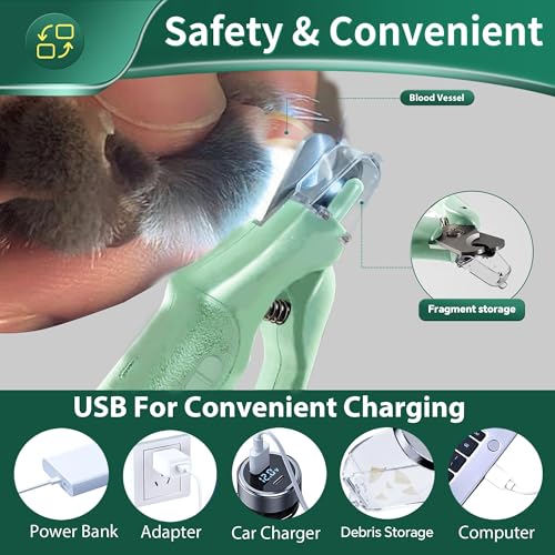 2 in 1 Dog Nail Clippers & Cat Nail Clippers Trimmers for Large Medium Small Dogs Cats Claw Trimmer Quick Sensor and Safety Guard USB Rechargeable Dogs Nail Trimmer with Catcher & 2 LED Lights - color: Green