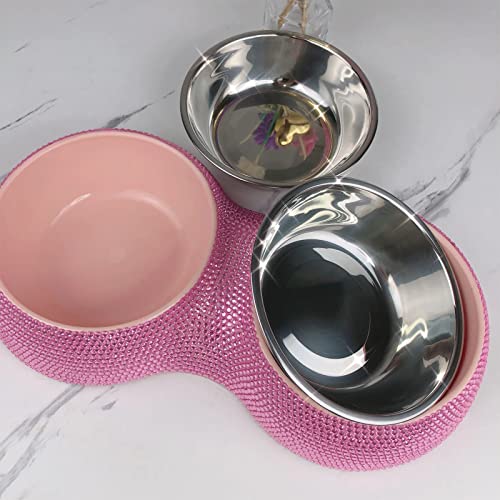 SAVORI Small Cat Bowls Pink, 320ML Handmade Bling Rhinestones Stainless Steel Pet Bowls Removable Double Food Water Feeder for Puppy Cats Dogs - color: 320ml-Pink