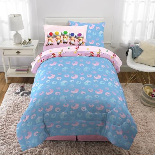 Super Mario Girl Princess Peach Girl Gamer Kids Bedding Super Soft & Cozy Reversible Microfiber Comforter and Sheet Set with Sham, 5 Piece Twin Size, (Officially Licensed Product) By Franco - color: Super Mario Girl, size: 5 Piece Twin Size