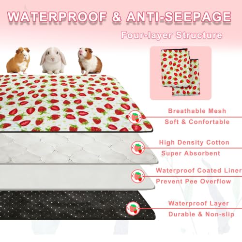 2 Pack Guinea Pig Cage Liners, 36"x 72" Washable Waterproof Bedding for Rabbit, Bunny, Hamster & Small Animals, Reusable Super Absorbent Pee Pads for C&C Cage, Strawberry Print - size: 36x72 inch 2pack