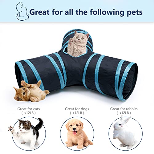 3 Way Cat Tunnel Collapsible Fun Pet Play Tube Toys for Cats, Kittens, Puppies & Rabbits - Portable Tunnel with Hanging Ball for Indoor Play, Hideout & Exercise - color: Blue Black