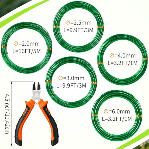 Mudder 5 Roll Aluminum Bonsai Training Wire Tree 2/2.5/3/4/6mm 42 Feet Total with Bonsai Wire Cutter Anodized Training for Holding Branches Small Trunks(Green) - color: Green, size: 2/2.5/3/4/6mm