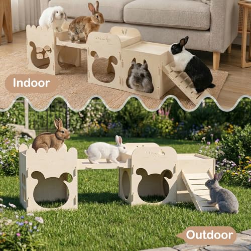 Extra Large Rabbit Castle, Wooden Bunny House & Training Bridge, Detachable Rabbit Hideaway, Indoor Hamster Castle with Ramp, Small Animal Houses & Habitats for Guinea Pig Chinchilla Ferret(2+1 House) - size: Extra Large-2+1 House