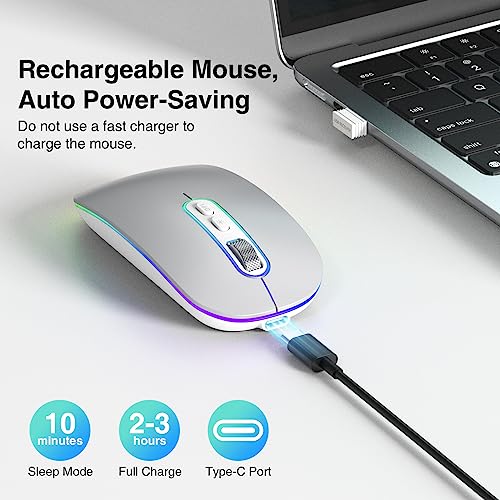 cimetech Rechargeable Wireless Mouse, Dual Mode Mouse-Silver | 2.4G & BT Slim Mouse for MacBook,Silent Click, 1600 DPI for Office Travel Mac Air Pro/PC/Laptop/Computer - color: Silver