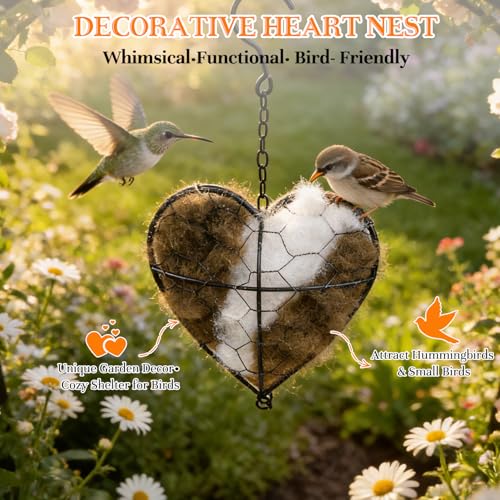 KOSIMI Handmade Alpaca Fiber Bird Nesting Heart, Birds Nests Material Holder, Hummingbird Houses Nest Boxes Gifts for Outside Garden Art Birdhouse, Birds Lovers, Winter Tree Shelter for Wild Bird