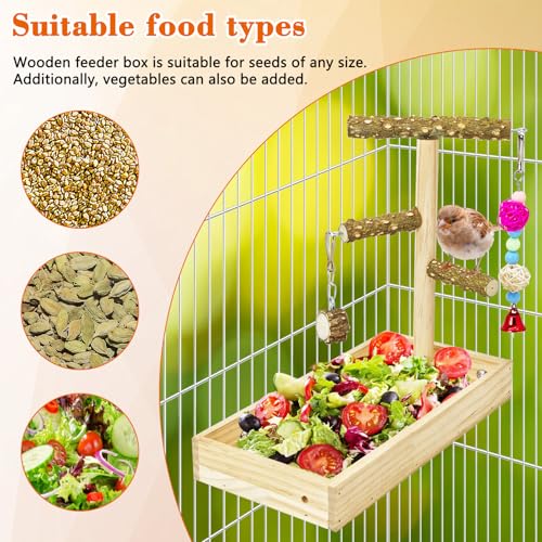 BNOSDM Wooden Bird Feeder for Cage Natural Wood Parrot Feeding Cups Bird Food Dish with Perch Stand for Parakeets, Budgies, Cockatiels, Lovebirds, Finches, Pigeons - size: L:12 x 6 x 1.6in