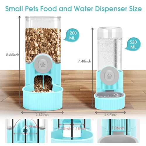 Yummy Sam Hanging Cage Automatic Small Pet Food Bowl Water Bottle Dispenser, Detachable Auto Gravity 1.2L Self-Feeding Feeder and 0.52L Waterer Set Kennel Feeding Station for Puppy Cats(Sky Blue) - color: Sky Blue
