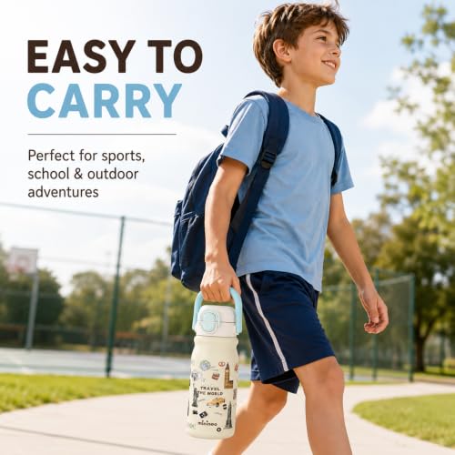 Mininoo 18oz Insulated Stainless Steel Kids Water Bottle for School | 2-in-1 Straw & Spout Lid, Leak-Proof, BPA-Free, for Girls & Boys, White - color: 18oz White-Travel the World
