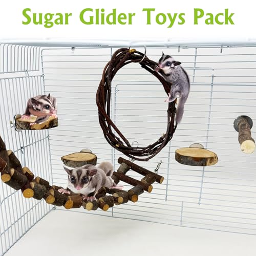 BNOSDM Sugar Glide Cage Accessories 6 Packs Wood Sugar Glider Toys and Hamster Wood House with Ladder Bundle