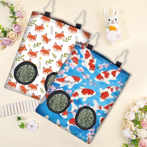 2 Styles Rabbit Hay Feeder for Guinea Pigs 11.6 x 9.1 Inch, Hanging Hay Feeder Bag 2 Pack Fox Fish Pattern Cloth Washable Feeding Storage Holder with 2 Holes for Bunny Chinchillas Hamsters - color: Fox