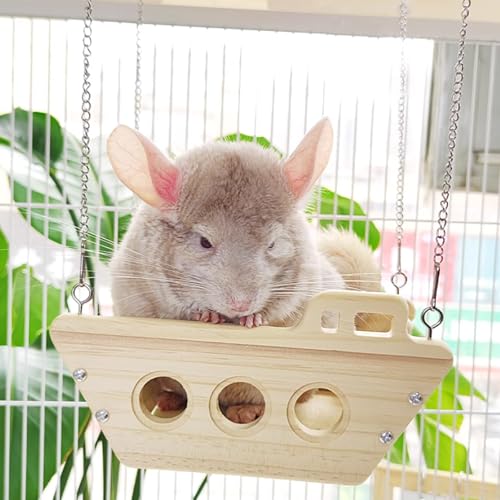 Natural Wood Chinchilla Toy Hammock for Cage Swing, Hamster Bed Hanging Wooden Toys,Indoor Chinchilla Habitat Swing House Hut Ledges and Platforms Enrichment
