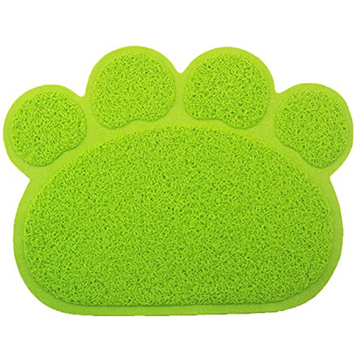 PVC Pet Dog Cat Puppy Kitten Dish Bowl Food Water Feeding Placemat, Non-Slip Cat Litter Mat Paw Shape, Green Small - color: Green, size: Small(11.8"x15.7")