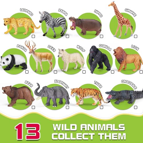 13 Pack Animal Figures with Booklet, Safari Jungle Animal Figurines | Realistic Safari Animals Figures for Kids, Plastic Zoo Animals Figurines for Toddle, Jungle Birthday Party Favor for Boy Girl