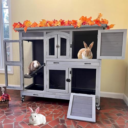 GUTINNEEN Guinea Pig Cage 2-Tier Indoor Outdoor Rabbit Hutch with Wheels, Leakproof Tray, Easy Clean Small Animal Habitat for Bunny, Hamster, Hedgehog, Ferret, Home & Garden Use - color: Grey, size: 44.0"L x 20.0"W x 41.5"H