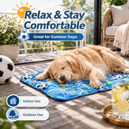 Dog Cooling Mat, Water-Activated Gel Ice Pad for Dogs&Cats, Self-Cooling Mat Soccer Fan Dog Gifts, Waterproof Wipe-Clean, Soccer-Themed Summer Beds for Outdoor&Indoor Large/Medium/Small Pets - size: Large：23.6”×35.4”