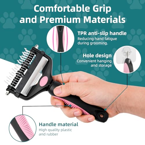 3-IN-1 Pet Grooming Tool - Undercoat Rake, Dematting Comb & Deshedding Brush for Cats, Dogs, Horses - Removes Mats, Tangles & Loose Fur, Reduces Shedding & Prevents Hair Mess (Pink) - color: Pink