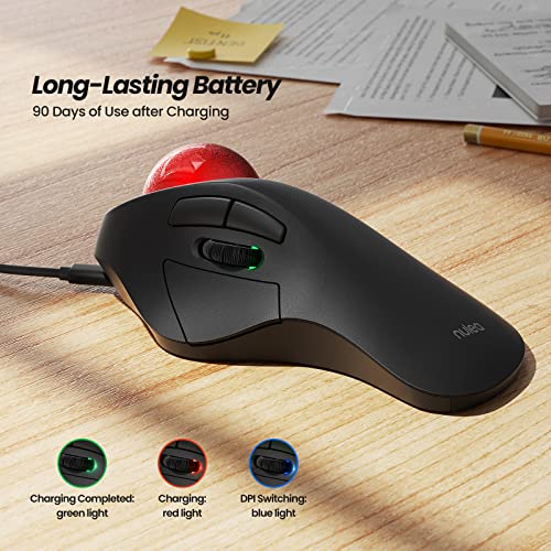 Nulea M505A Wireless Trackball Mouse Ergonomic 44mm Index Finger Control | Rechargeable rollerball mouse with 5 DPI levels, Bluetooth connection, smooth tracking, compatible with PC Mac Windows - color: A-Red