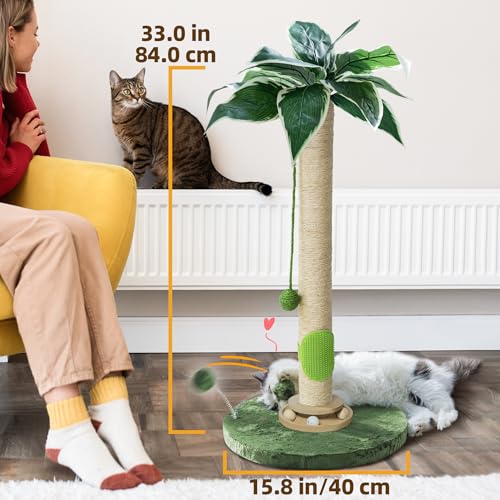 Fantasreen Cat Scratching Post 33'' Tall with Toy, Self Groomer for Indoor Cats - color: Palm Green-33 Inches
