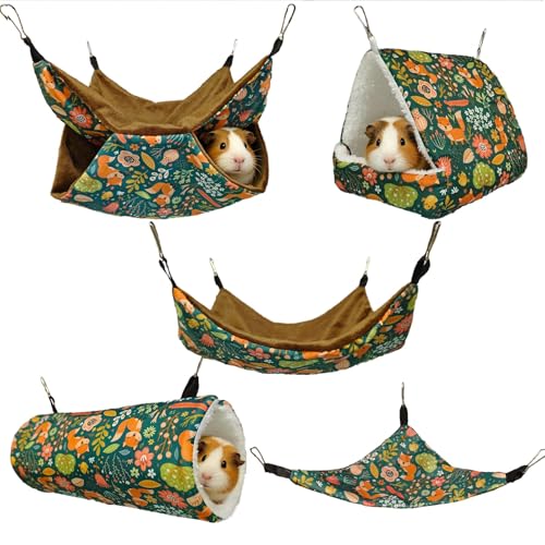kathson 5 PCS Guinea Pig Hammock Set, Washable Rat Hammock, Guinea Pig Hideout Bed Soft Hamster Hanging Tunnel Mats Small Pets Cage Accessories for Chinchilla, Sugar Glider, Squirrel(Green) - color: Green