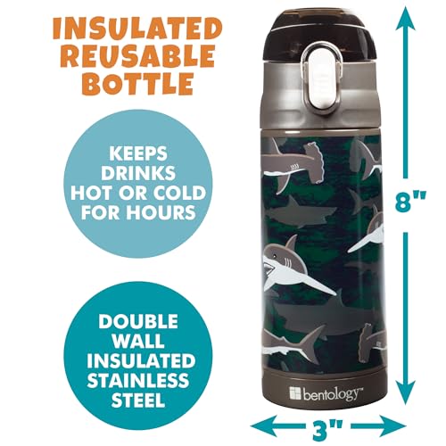 Bentology Stainless Steel 13 Oz Reusable Water Bottle for Kids, Shark | Double Wall Insulated, Spill Proof Lid W/Built-in Straw- Keep Liquids Hot or Cold- Easily Fits in Lunch Boxes & Bags - color: Shark