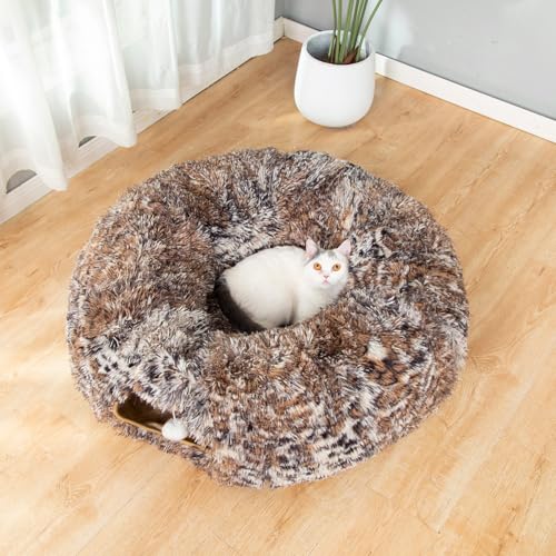 Warm Fluffy Plush Cat Tunnel Bed with Washable Cushion- Big Tube Playground Toys 3 FT Diameter Collapsible, for Indoor Cat Kitty Kitten Puppy Rabbit Ferret Leopard Print - color: Leopard