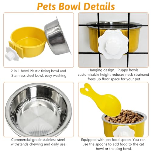 Hamiledyi Crate Dog Bowl Cat - Removable Stainless Steel Hanging No Spill Pet Bowl for Kennels Durable Detachable Design Fits Small Medium Dog Cages (2 Pcs, Yellow - color: Yellow