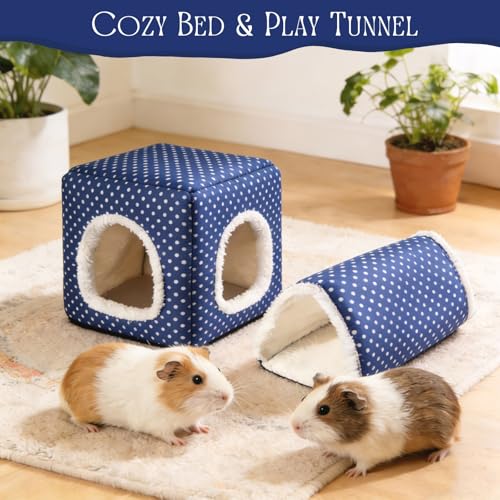 Guinea Pig Hideout, Dwarf Rabbit Bed with Play Tunnel, Washable Fleece House for Dwarf Bunnies, Chinchillas, Hedgehogs, Small Animal Cage Accessories Blue Dot - color: Blue