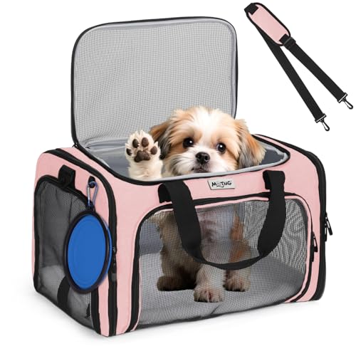 Pet Carrier for Cats & Small Dogs, Travel Carrier with Anti-Collapse Support, Chew Resistant Buckles, Luggage Sleeve, Multi-Pocket Storage, Reversible Mat & Bowl (Pink, Medium (17.5"x11"x11.5")) - color: Pink