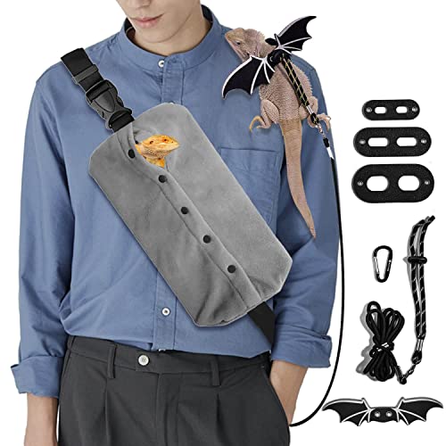 WATFOON Adjustable Lizard Leash Bearded Dragon Harness Leather Cool Wings Training Leashes Reptile Carrier Bearded Dragon Sling Carrier (Black, Leash + Grey Sling) - color: Grey, size: Leash + Grey Sling (Gift)