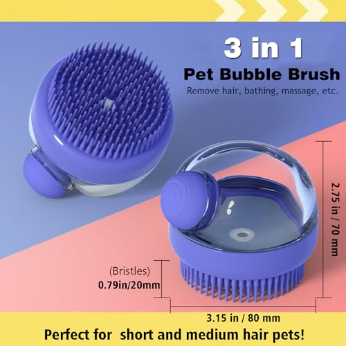 Dog Bath Scrubber Brush, 2 PCS Pet Dog Grooming Massage Shampoo Bath Brush with Soap and Shampoo Dispenser Soft Silicone Bristle for Long Short Haired Dogs Cats Shower - color: Purple & Grey